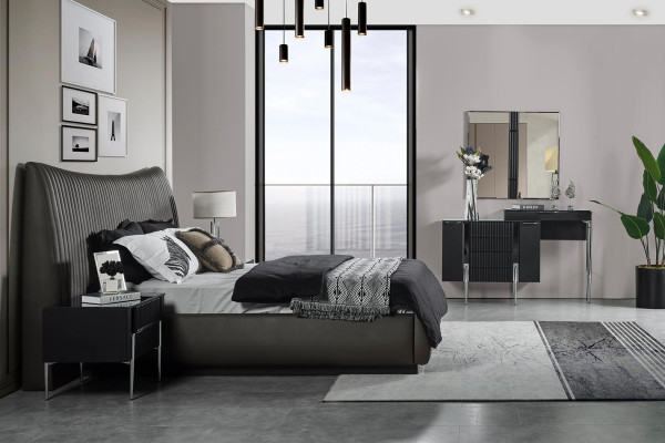 Schwaarzen Schlofzëmmer Set Designer Bett 2x Nuetsdëscher Schminktisch 5-Deeler