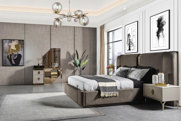 Schlofzëmmer Set Designer Bett 2x Nuetsdëscher Make-up Dësch Spigel