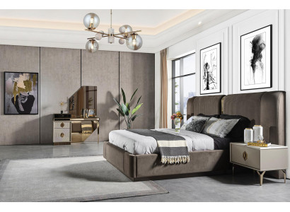 Schlofzëmmer Set Designer Bett 2x Nuetsdëscher Make-up Dësch Spigel