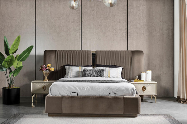 Schlofzëmmer Set Designer Bett 2x Nuetsdëscher Make-up Dësch Spigel