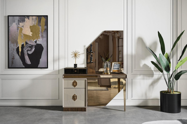 Schlofzëmmer Set Designer Bett 2x Nuetsdëscher Make-up Dësch Spigel