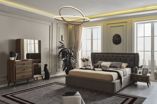 Modern Schlofzëmmer Set Designer Bett 2x Nuetsdëscher Kommode Spigel