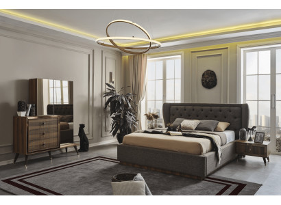 Modern Schlofzëmmer Set Designer Bett 2x Nuetsdëscher Kommode Spigel