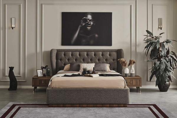 Modern Schlofzëmmer Set Designer Bett 2x Nuetsdëscher Kommode Spigel