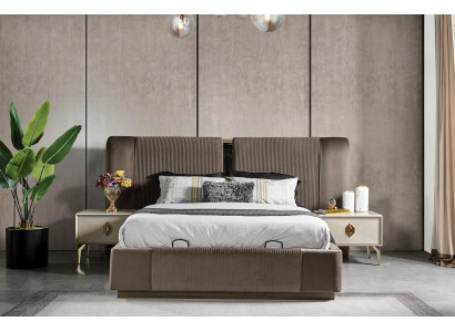 Brong Schlofzëmmer Set Designer Duebelbett 2x Nuetsdëscher Luxus Miwwelen