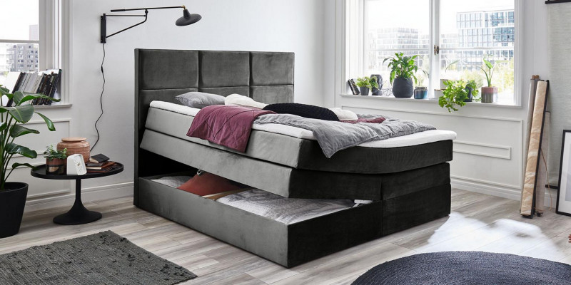 Grau schéinen Duebelschlofkummer Holzmiwwel Design elegant Polsterung Stoff