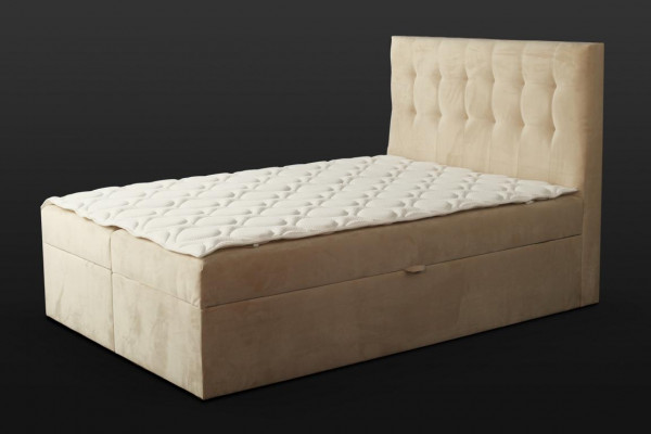 Chesterfield Bett beige Schlofkummer Holzmiwwelen Design elegant Polsterung Stoff.