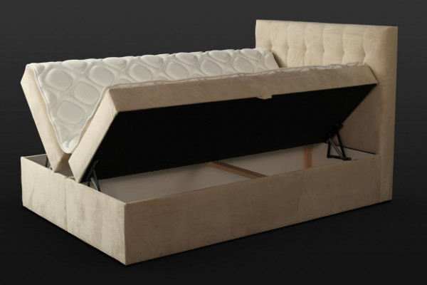 Chesterfield Bett beige Schlofkummer Holzmiwwelen Design elegant Polsterung Stoff.