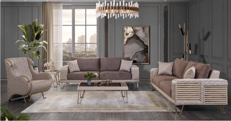 Braun-Beige Sofagarnitur 3+3+1 Sëtzer Designer Dësch Beistelltisch