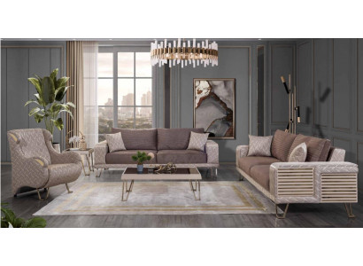 Braun-Beige Sofagarnitur 3+3+1 Sëtzer Designer Dësch Beistelltisch
