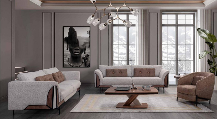 Braun-Gro Sofasangarnitur 3+3+1, Dësch, Komplett Wunnt Zëmmer Set