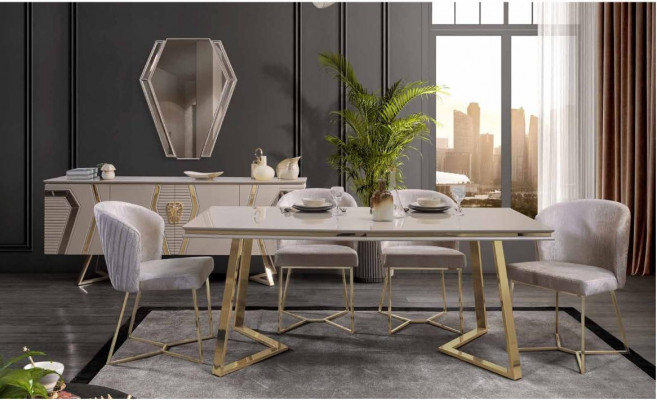 Designer wäiss Iesszëmmer Garnitur Iessgrupp Iessdësch 4x Stull 7deeleger Set