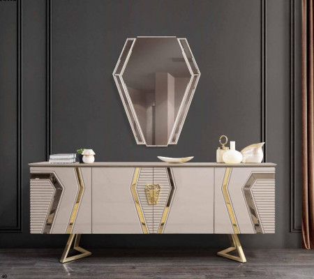 Luxus Wäiss-Goldeg Komod mam Spigel Designer Sideboard Holzmöbel