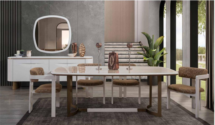 Iesszëmmer Set Iessdësch 4x Still Kommode Spigel Modern Set Wäiss Iessgrupp