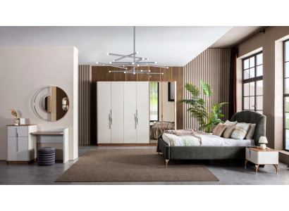 Modern Schlofhummer Set Bett 2x Nuetsdësch Schminktisch mat Spigel Schaf Neien