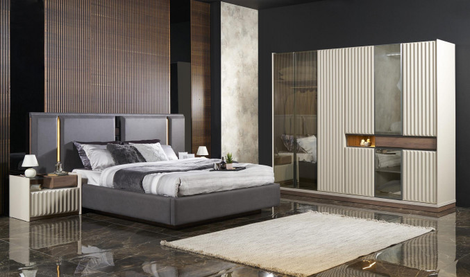 Modern Komplett-Schlofzëmmer Miwwel-Set Bett 2x Nuetsdësch Kleederschaf 4tlg.