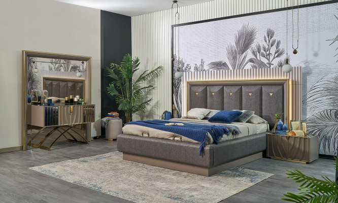 Schlofzëmmer Garnitur Duebelbett Bett Braun Set 4tlg Konsolendësch Nei