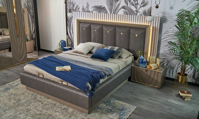 Duebelbett Komplett Schlofzëmmer Bett Brong Set 3 Deeler Nuetsdëscher Holz