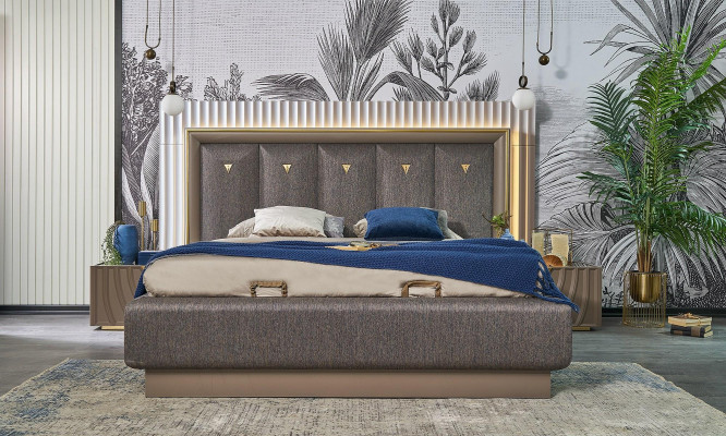 Duebelbett Komplett Schlofzëmmer Bett Brong Set 3 Deeler Nuetsdëscher Holz