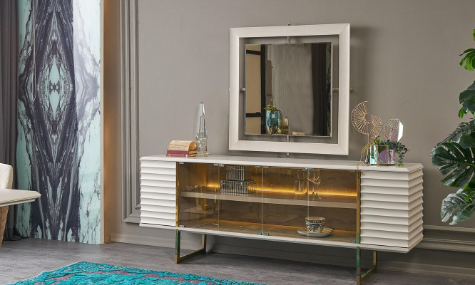 Anrichte Garnitur Säitenschaf mat Spigel Iesszëmmer Holz Beige Kommode