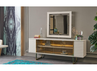Anrichte Garnitur Säitenschaf mat Spigel Iesszëmmer Holz Beige Kommode