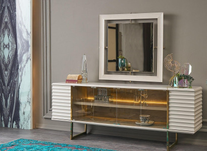 Anrichte Garnitur Säitenschaf mat Spigel Iesszëmmer Holz Beige Kommode