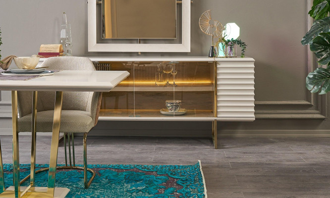 Anrichte Garnitur Säitenschaf mat Spigel Iesszëmmer Holz Beige Kommode