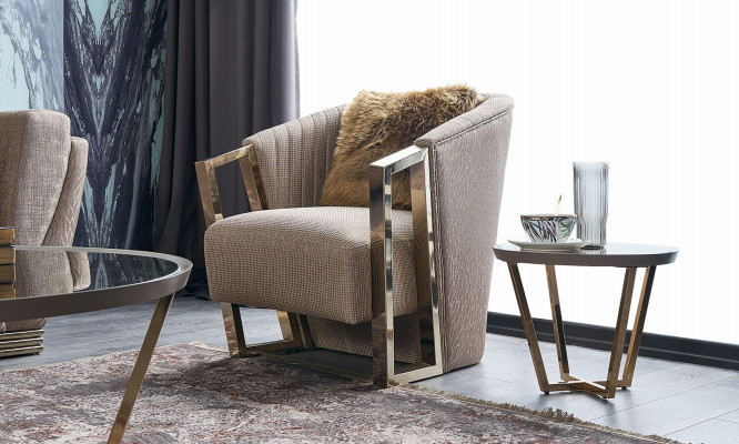 Moderne Einsëtzergarnitur aus Stoff, brong, fir de Buedem, Polstersëtz, Wunnzëmmer, Fautteuil.