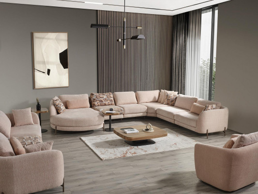 Wunnzëmmer Set 6-deel Garnitur Ecksofa U-Form Holz Couchtisch Luxus Ariichtung