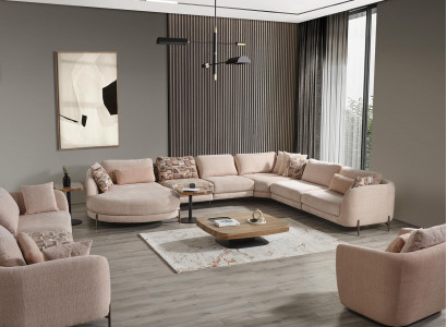 Wunnzëmmer Set 6-deel Garnitur Ecksofa U-Form Holz Couchtisch Luxus Ariichtung