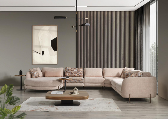 Wunnzëmmer Set 6-deel Garnitur Ecksofa U-Form Holz Couchtisch Luxus Ariichtung