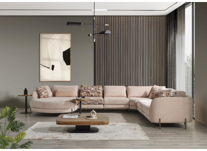Wunnzëmmer-Set Eckcouch U-Form Miwwelen 2x Säitentëschel Holz Modern Dësch