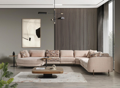 Wunnzëmmer-Set Eckcouch U-Form Miwwelen 2x Säitentëschel Holz Modern Dësch