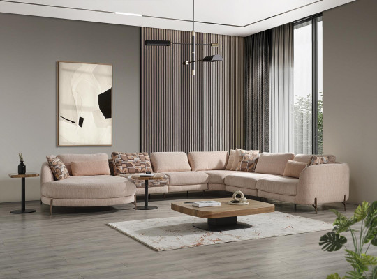 Wunnzëmmer-Set Eckcouch U-Form Miwwelen 2x Säitentëschel Holz Modern Dësch