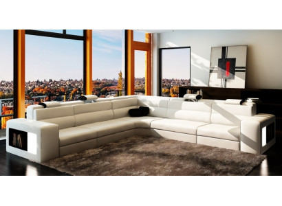 Ledersofa Sofa mat USB, Ecksofa Sëtz Polster Wunnlandschaft XXL Grouss Weiden Wäiss