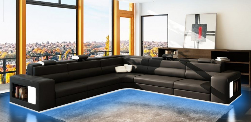 Ledersofa Sofa mat USB, Ecksofa Sëtz Polster Wunnlandschaft XXL Grouss Weiden Wäiss