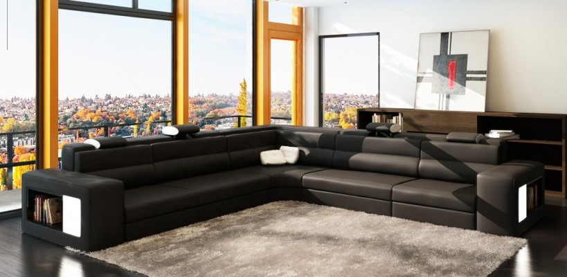 Ledersofa Sofa Canapé Ecksofa Sëtz Polstersëtz Wunnlandschaft XXL Grouss Weiden Schwaarz
