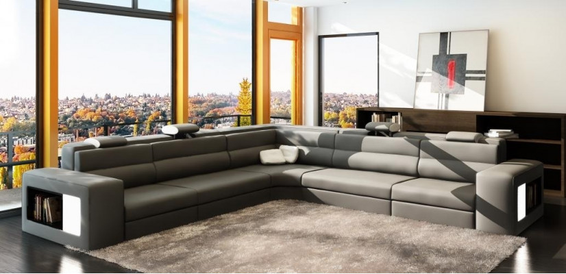 Ledersofa Sofa Canapé Ecksofa Sëtz Polstersëtz Wunnlandschaft XXL Grouss Weiden Schwaarz