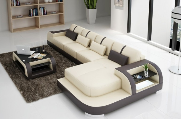 Ledersofa Eckssofa Eckcouch Polstersëtz Ecke Garnitur Wunnlandschaft H4 Wäiss LED