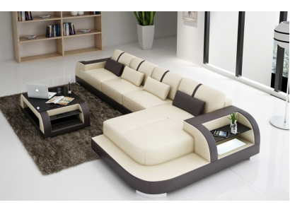 Ledersofa Eckssofa Eckcouch Polstersëtz Ecke Garnitur Wunnlandschaft H4 Wäiss LED