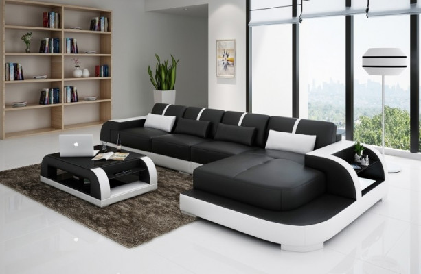 Ledersofa Eckssofa Eckcouch Polstersëtz Ecke Garnitur Wunnlandschaft H4 Wäiss LED