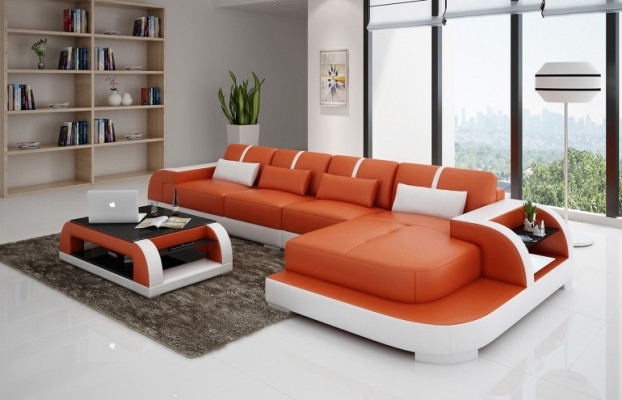 Ledersofa Eckssofa Eckcouch Polstersëtz Ecke Garnitur Wunnlandschaft H4 Wäiss LED