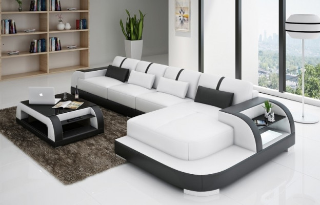 Ledersofa Eckssofa Eckcouch Polstersëtz Ecke Garnitur Wunnlandschaft H4 Wäiss LED