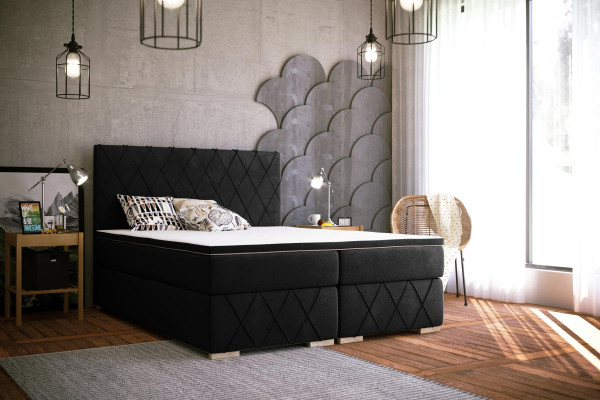 Komplett Set Matrass & Topper Boxspring Bett Schwaarz Polster 180x200cm Better