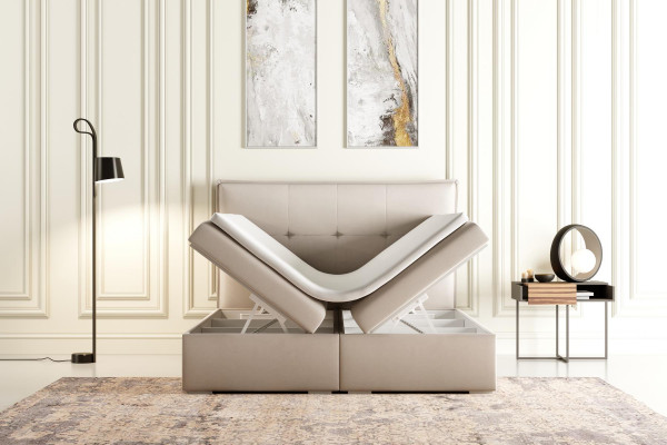 Boxspring-Bett Hotel Duebel Textil Grau Luxus Better Polster Bettkëscht Funktioun