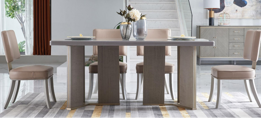 Designer Miwwelen Holz Dësch Sëtz Iess Zëmmer 6x Still 7-Deeler. Set Garnitur Nei