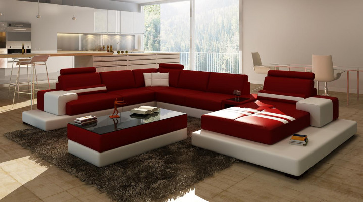 Sofa Couch Wohnlandschaft XXL Couch Ledersofa mat Ottomane Sofagarnitur 2725