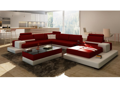 Sofa Couch Wohnlandschaft XXL Couch Ledersofa mat Ottomane Sofagarnitur 2725