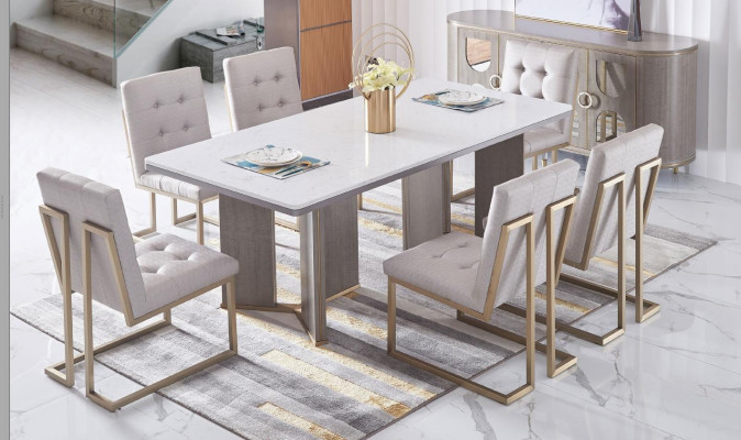 Designer Iesszëmmer Still Set Metall Textil Fotell 6x Lounge Still