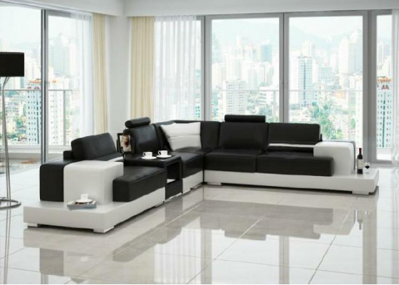 Sofa Couch Wohnlandschaft XXL Couch Ledersofa mat Ottomane Sofagarnitur 2725